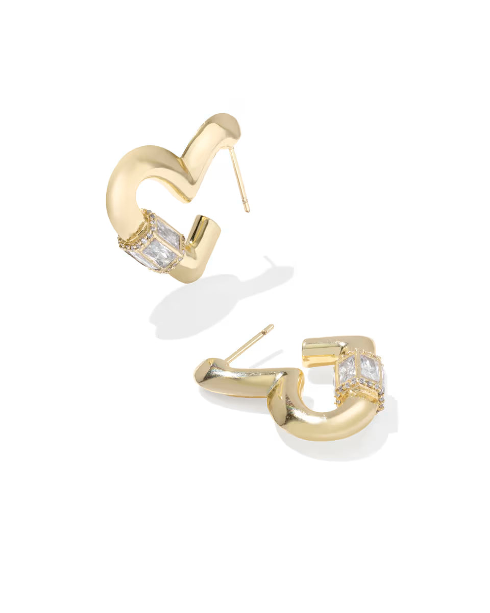 Emery Heart Hoop Earrings Gold Metal White CZ