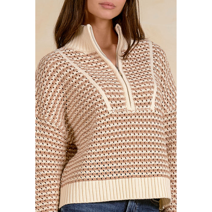 1/4 Zip Natural/White Striped Open Knit Sweater