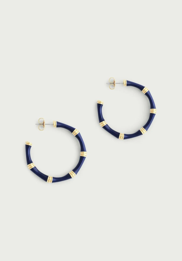 Anabel Aram Bamboo Enameled Hoop Earrings Atlantic Navy Blue