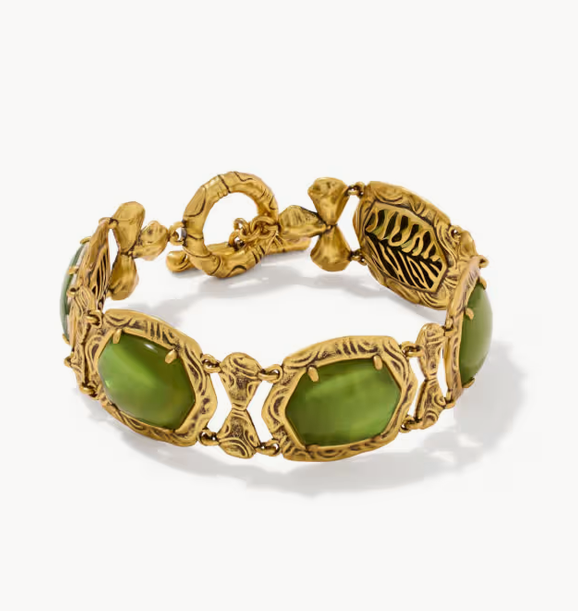 Daphne Tiger Stripe Vintage Gold Bracelet Chartreuse Green Stone S/M