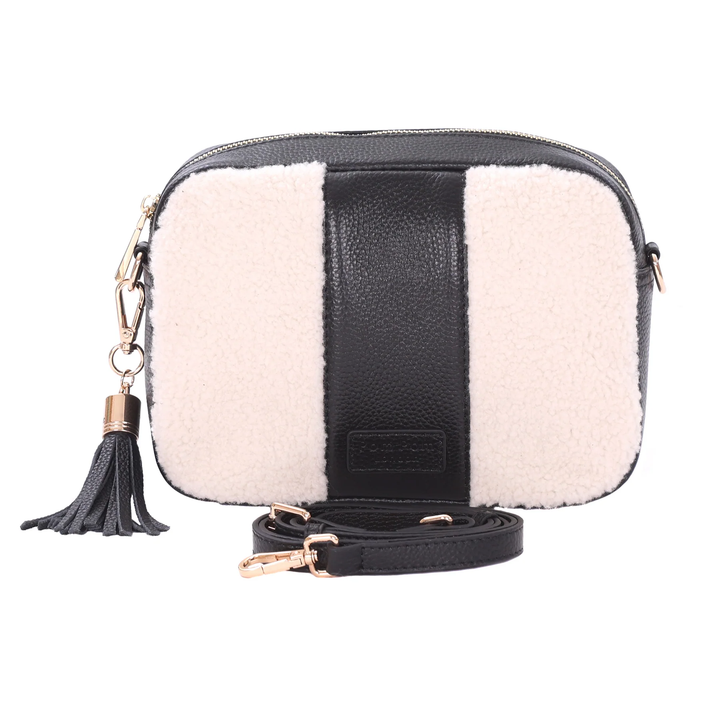 Pom Pom London City Faux Fleece & Leather Bag Black