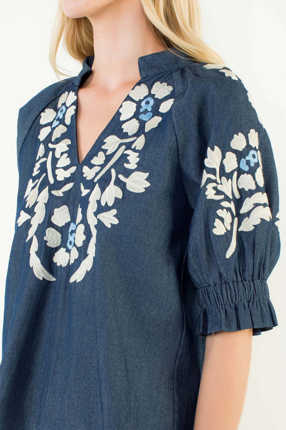 Puff Sleeve Floral Embroidery Detail Top Denim