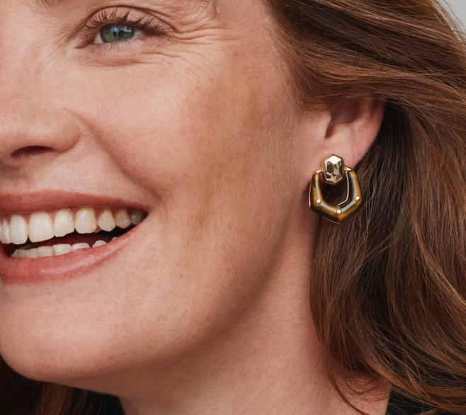 Embry Open Frame Earrings Gold Dark Brown Hawks Eye