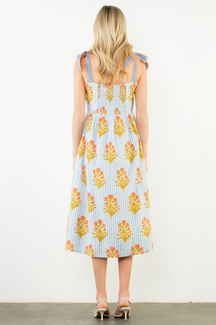 Tie Straps Striped Floral Pattern Button Down Dress Blue