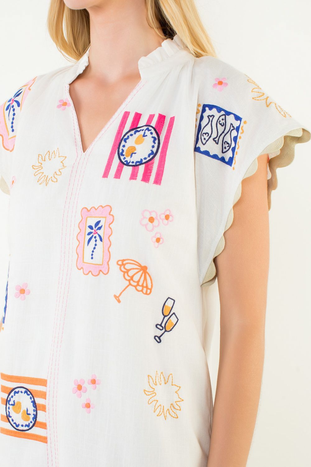 Short Sleeve Beach Themed Embroidery Detail Dress White