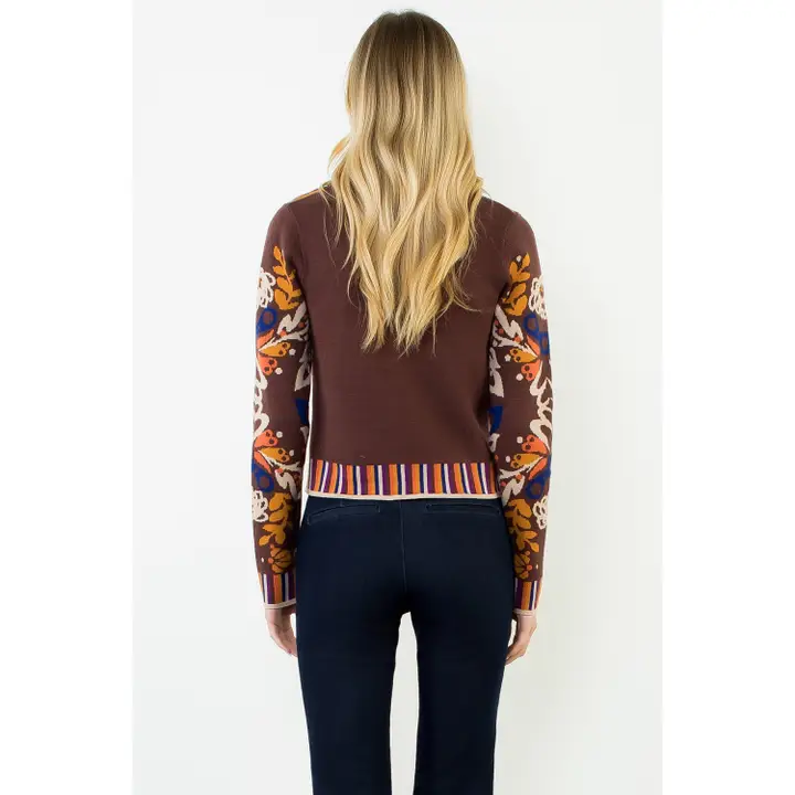Floral V-Neck Brown Cardigan With Gold Buttons