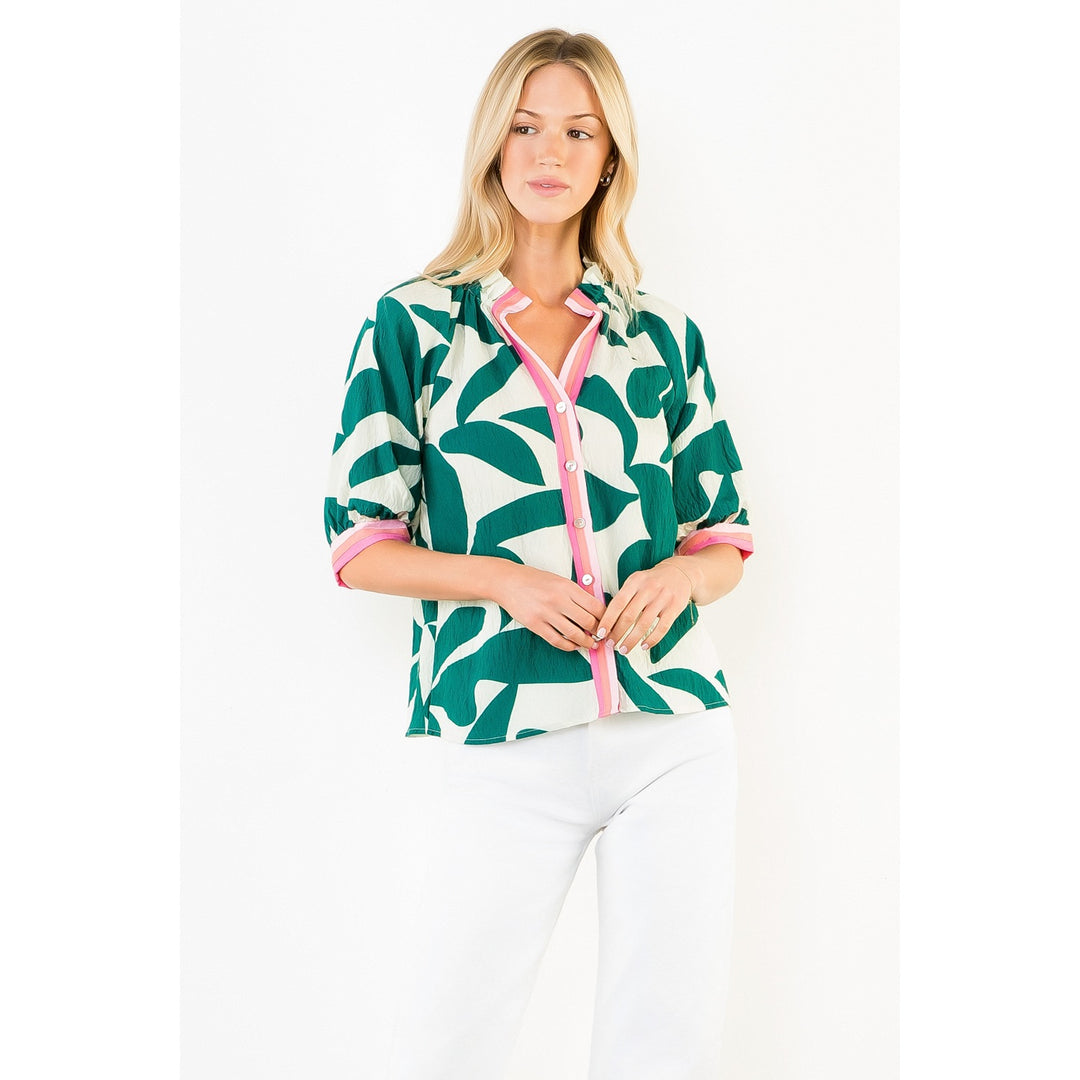 Short Sleeve Green Silky Geometric Top