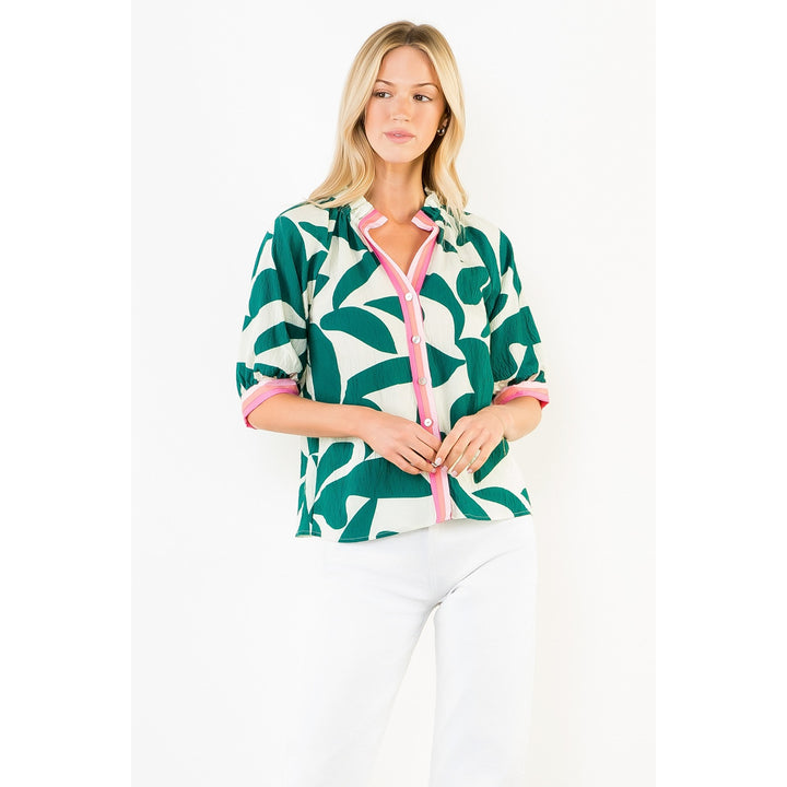 Short Sleeve Green Silky Geometric Top