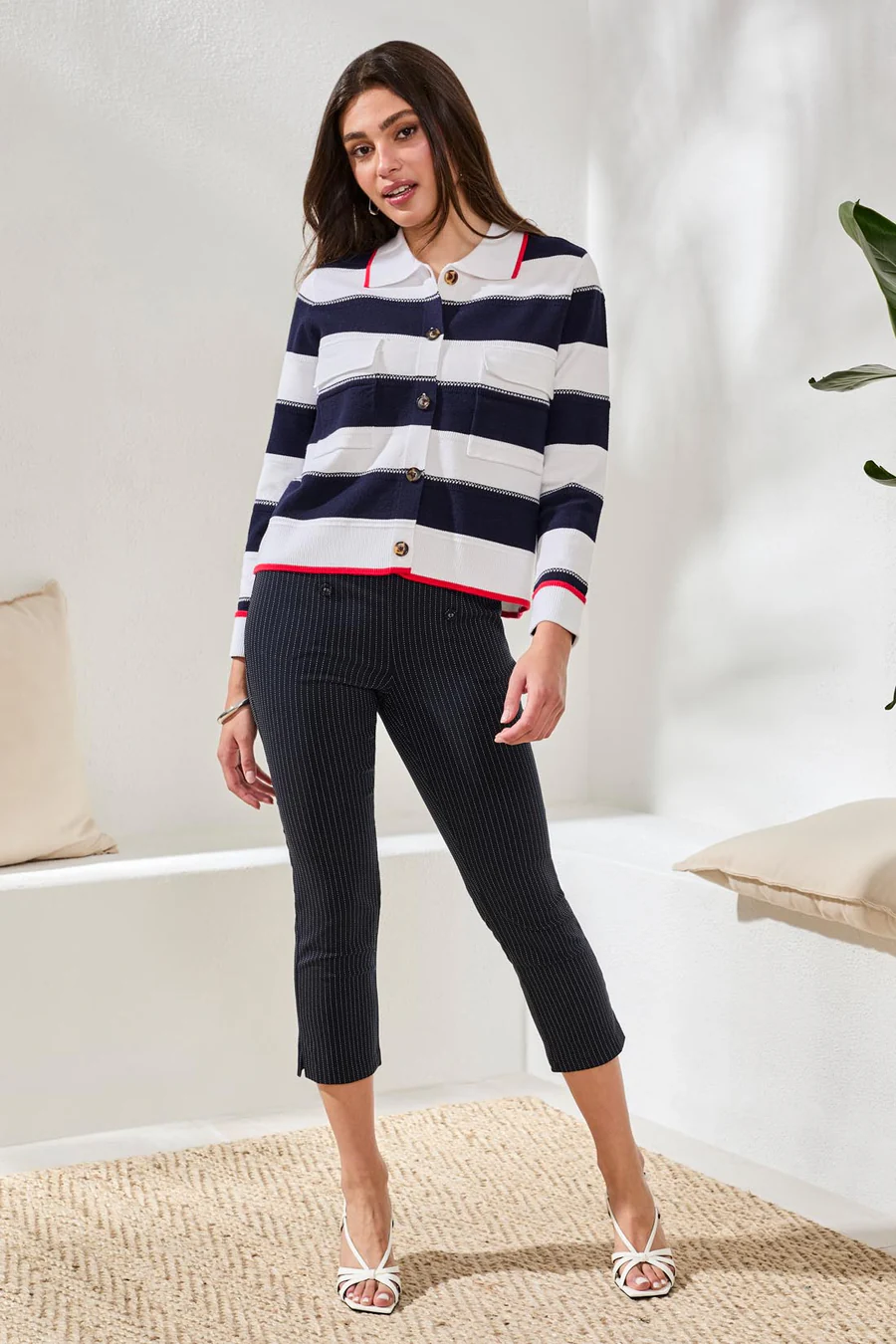 Double Knit Button-Front Stripe Cardigan Jet Blue