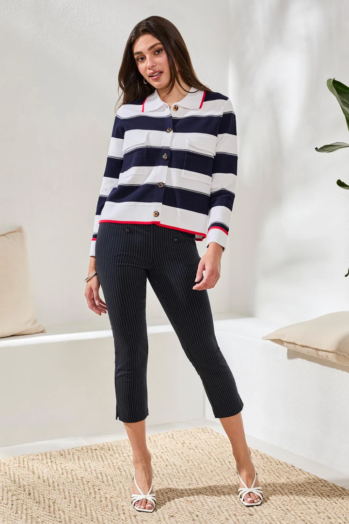 Double Knit Button-Front Stripe Cardigan Jet Blue