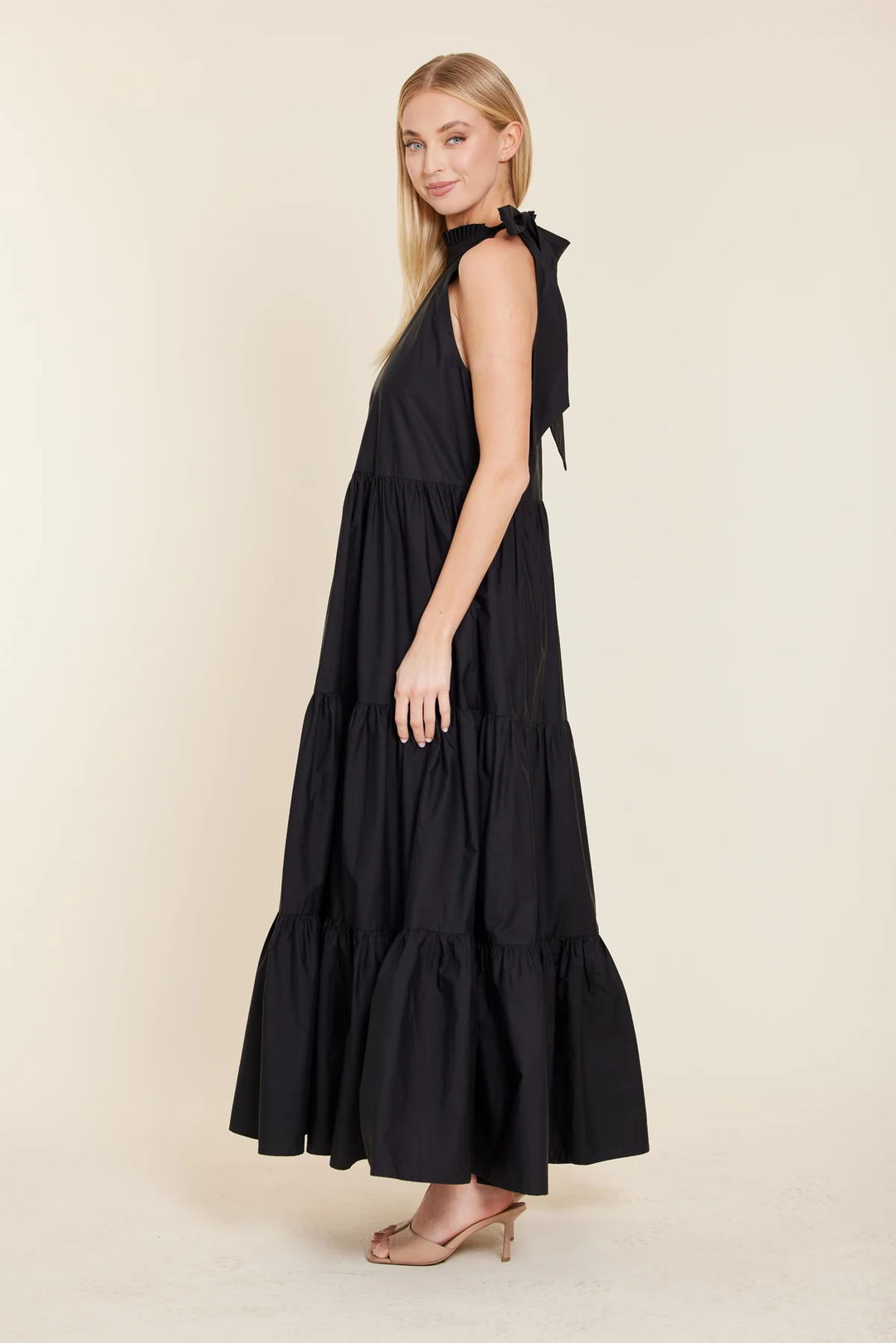Poplin Tie Neck Tiered Long Dress