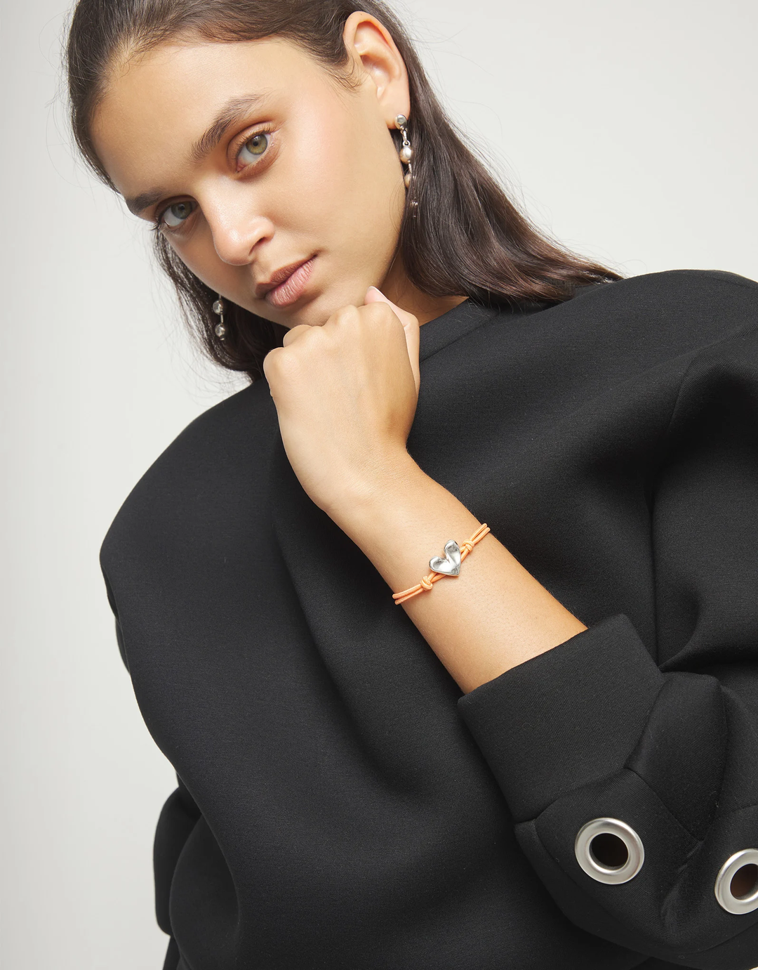Beat Orange Elastic Bracelet with Heart Charm Silver