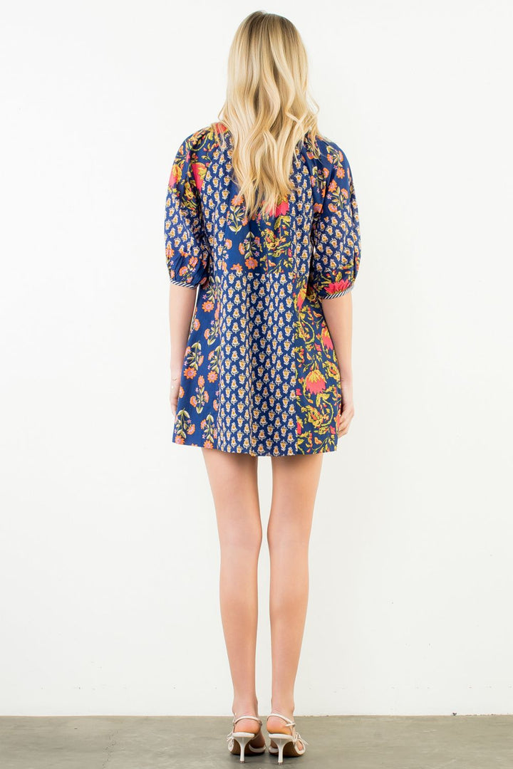 Printed Long Sleeve Tie Tassel Dress