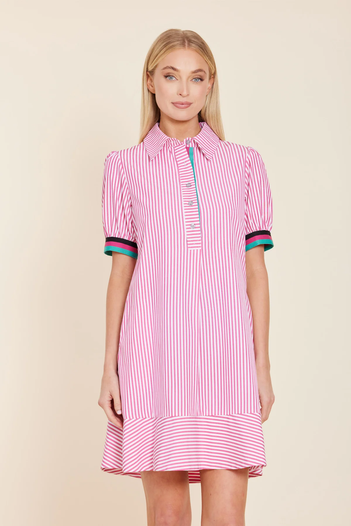 Poplin Dress with Knit Stripe Trim Pink Multi