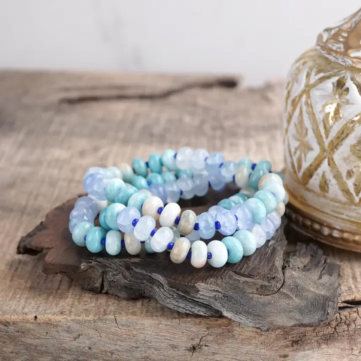 Sunlit Drift Crackle Glass Rondelle Bracelet Set Blue Mix
