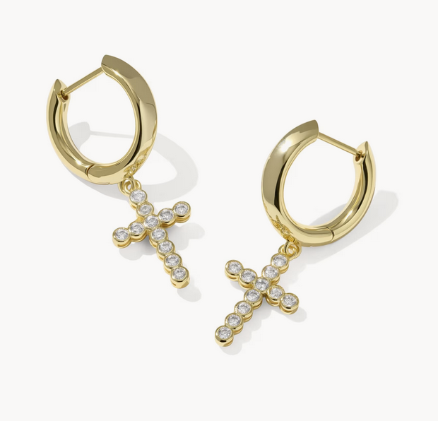 Cross Crystal Huggie Earrings Gold