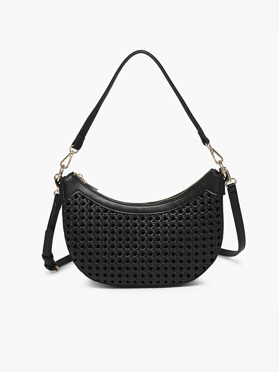 Daisy Half-Moon Rattan Crossbody in Black