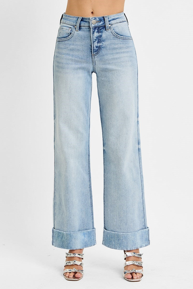 Tummy Control High Rise Ankle Wide Cuffed Jeans Light Wash