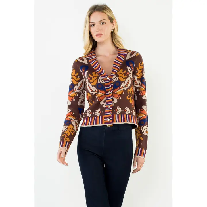 Floral V-Neck Brown Cardigan With Gold Buttons