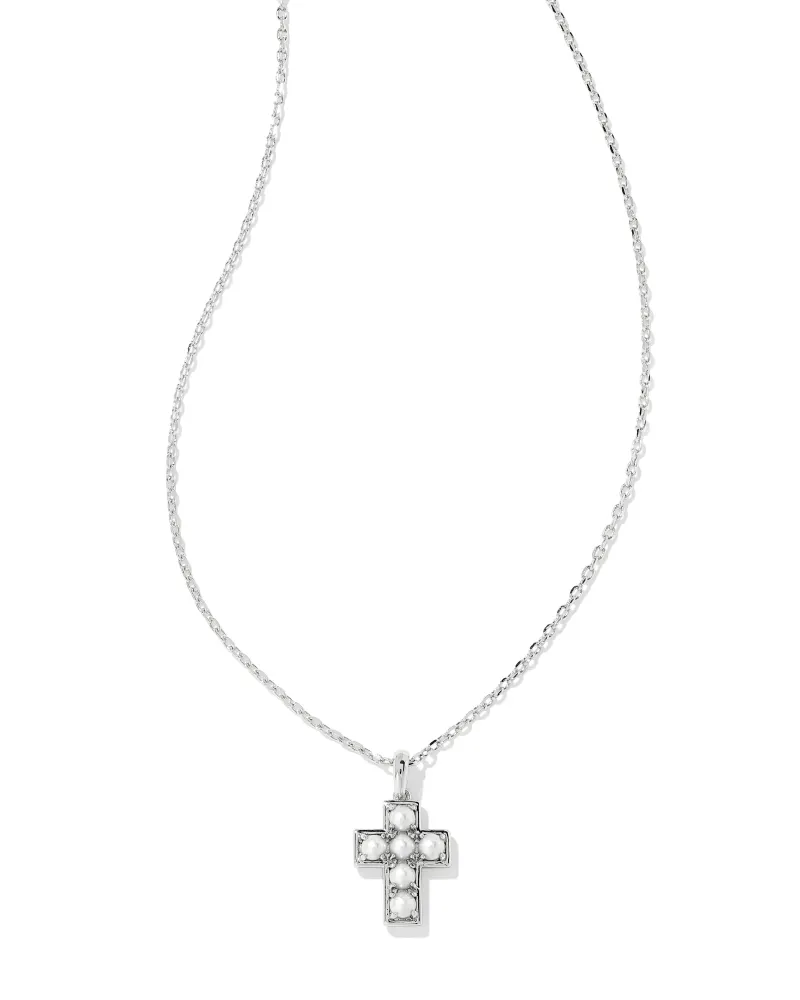 Pearl Silver Cross Short Pendant Necklace in White Pearl