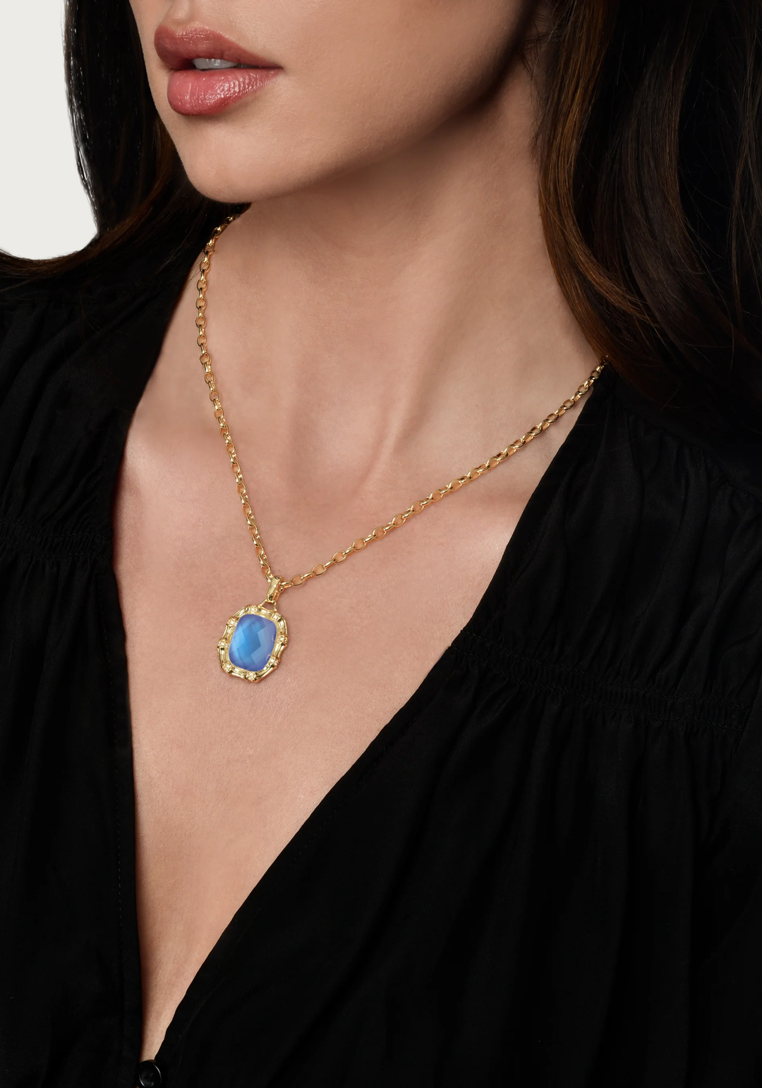 Anabel Aram Bamboo with Stone Pendant Necklace Iridescent Swiss Blue