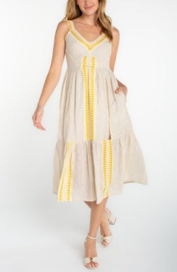 Sleeveless Midi Dress Cream and Brown Stripe