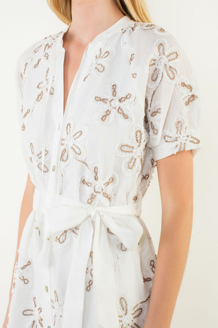 Floral Embroidered Belted Dress Cream