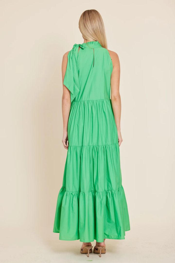 Poplin Tie Neck Tiered Maxi Dress Green