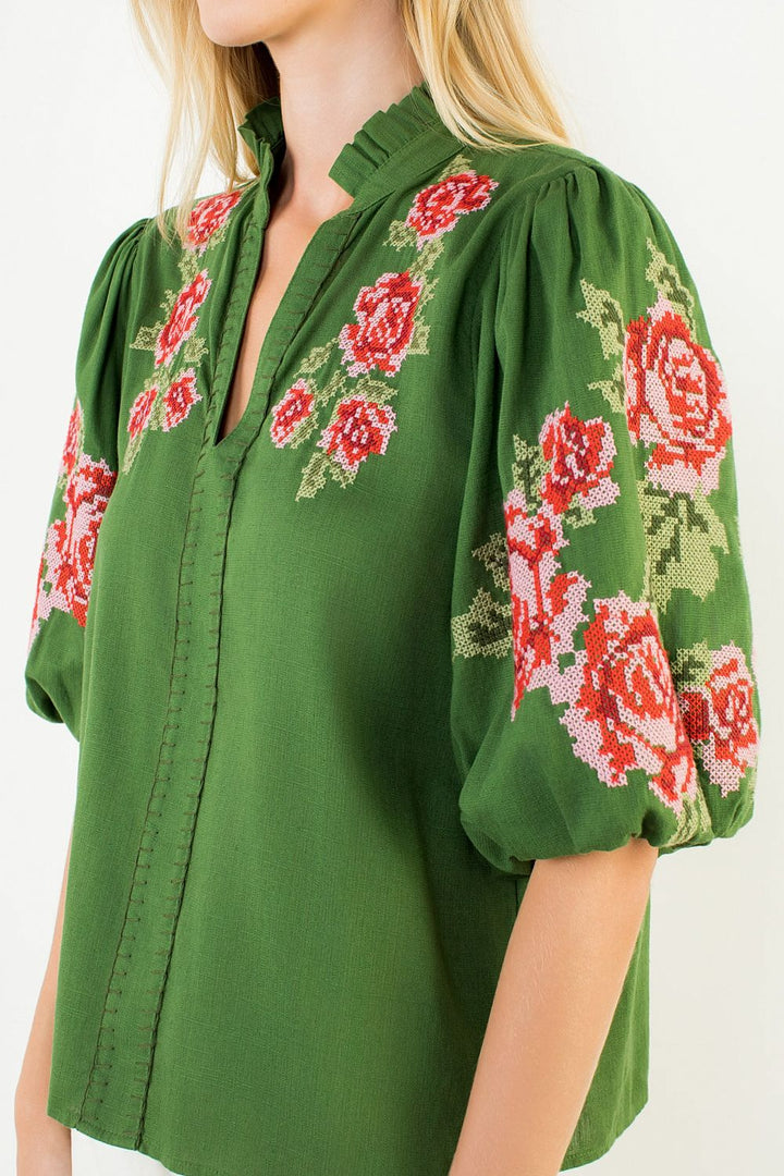 Green with Floral Embroidery Puff Sleeve Top