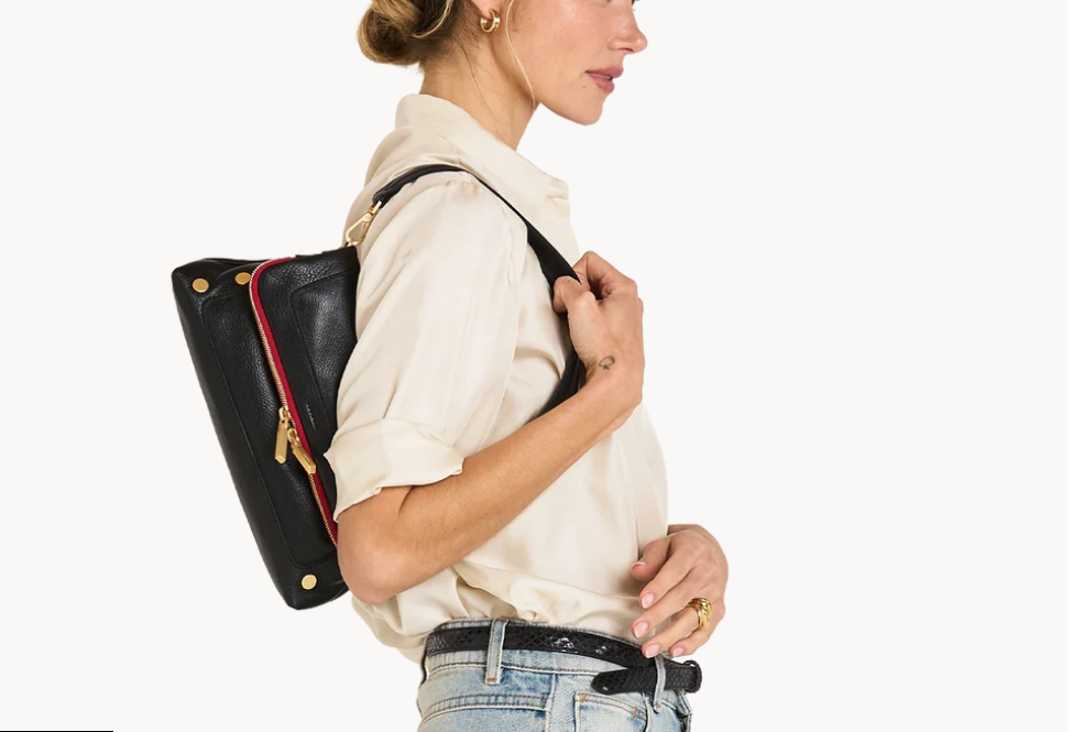 Beverly Medium Black  Fold Over Bag  Red Zip w/Gold Rivets