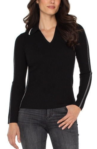 Long Sleeve V-neck Collared Sweater Black