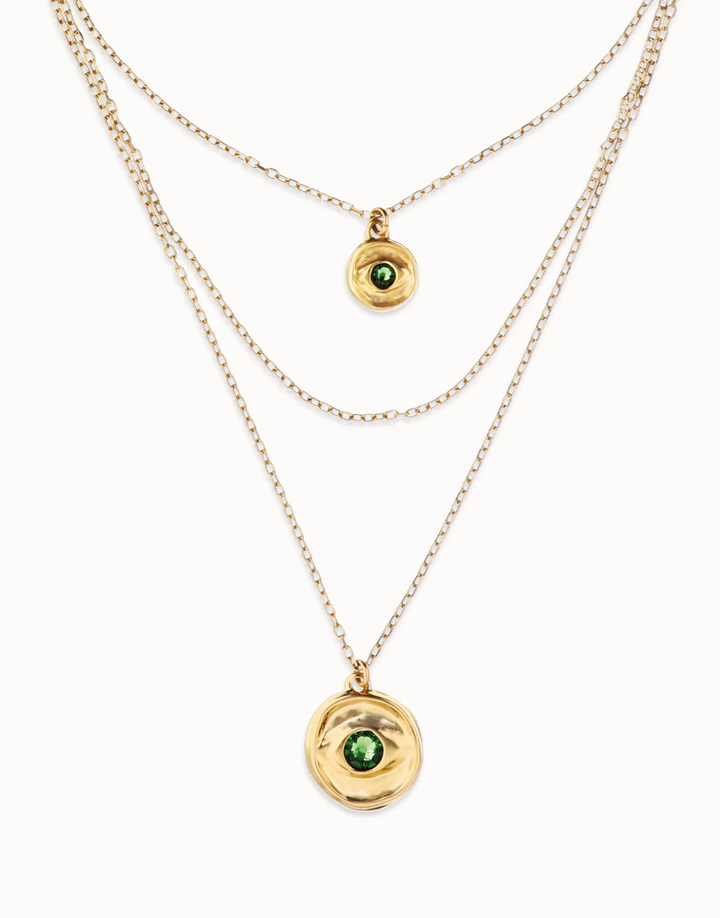 Ser Imparable Gold Tri Chain Layer Necklace w/Eye and Green Stone