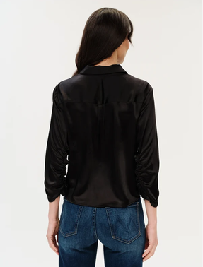 Dessi Satin Button Down Top with Ruched Sleeve