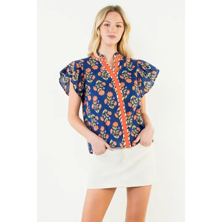 Flutter Sleeve Floral Detail Top Navy