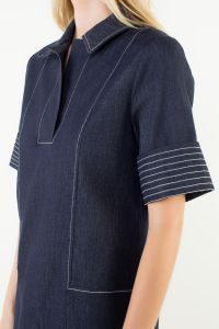 Short Sleeve Collared V-Neck Dress Denim Blue