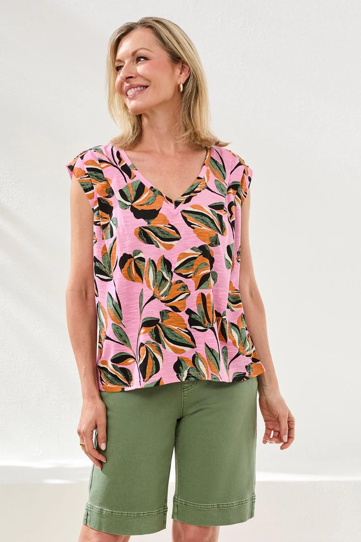 Printed V-Neck Cap Sleeve Top Wisteria