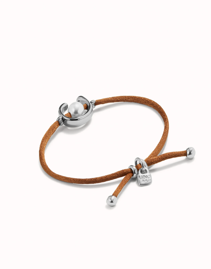 Ser Diferente Brown Cord Silver w/Pearl Bracelet