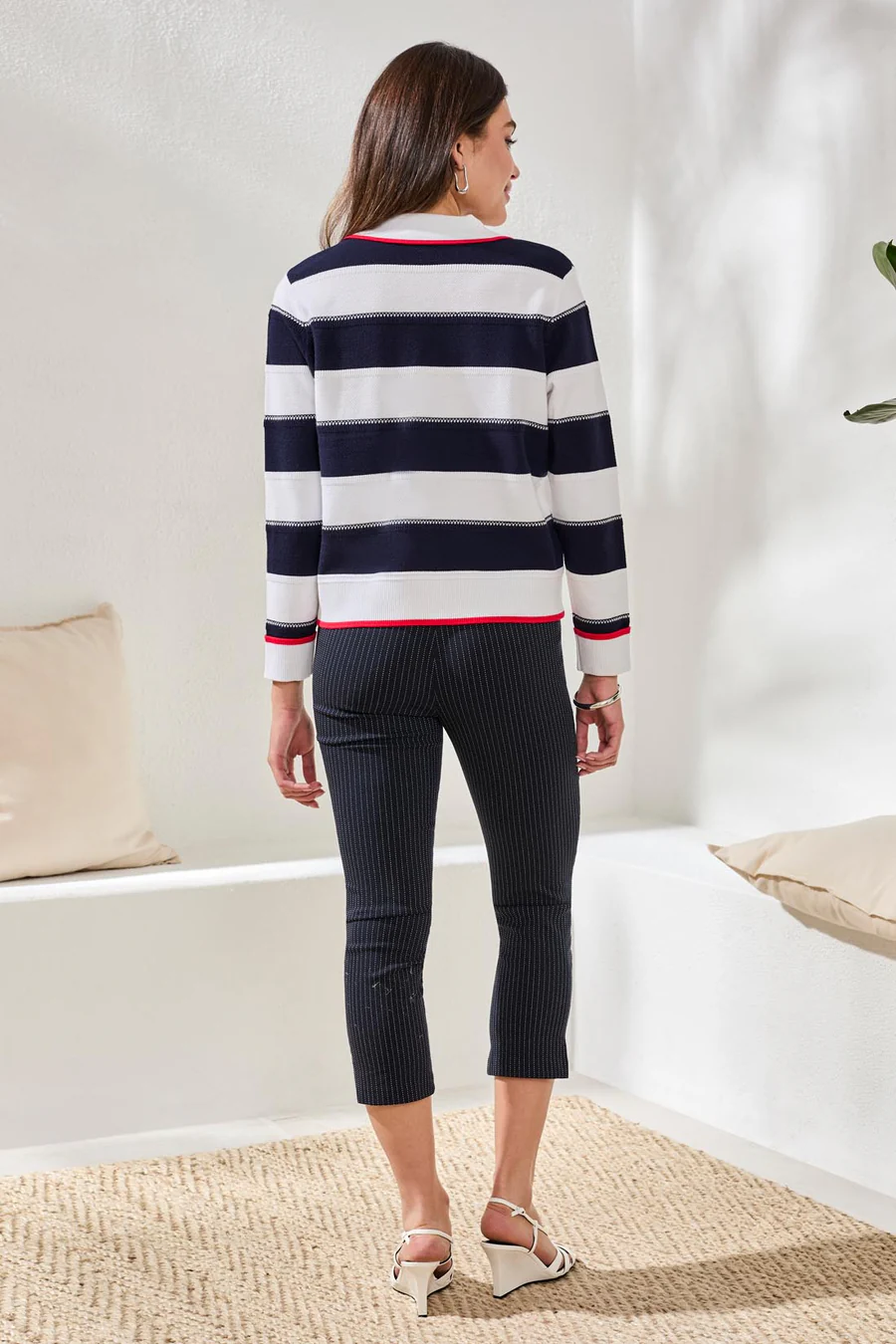 Double Knit Button-Front Stripe Cardigan Jet Blue