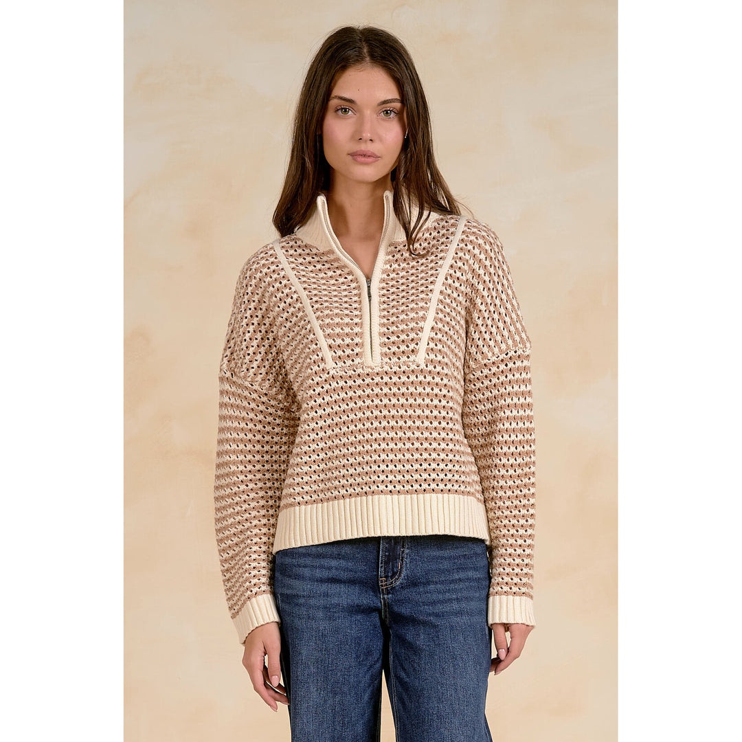 1/4 Zip Natural/White Striped Open Knit Sweater