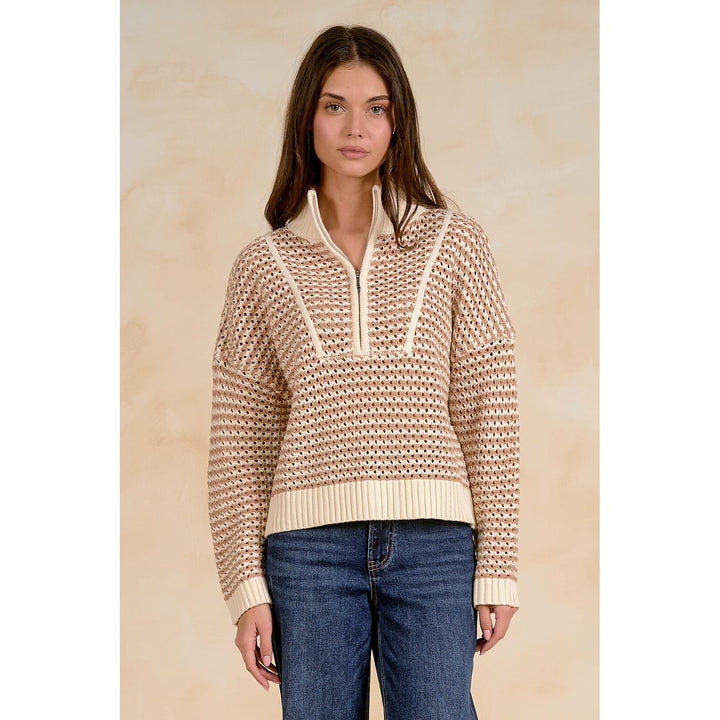 1/4 Zip Natural/White Striped Open Knit Sweater