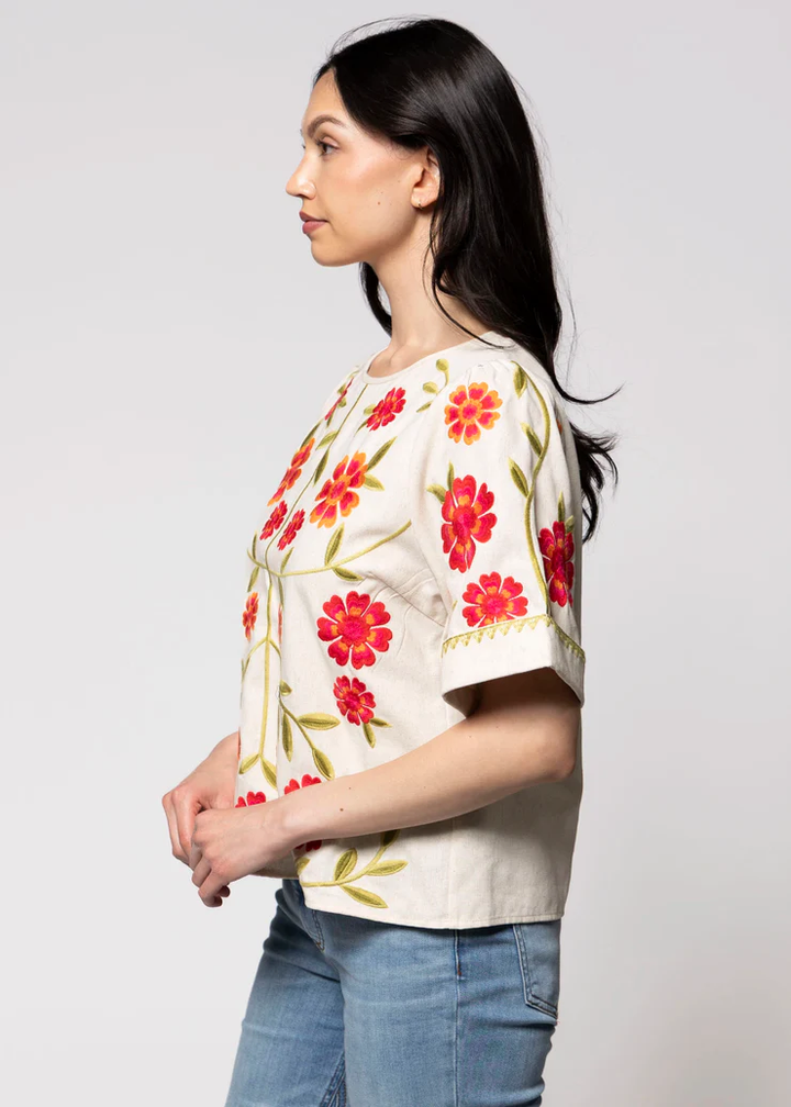 Short Sleeve Floral Embroidery Detail Top Beige