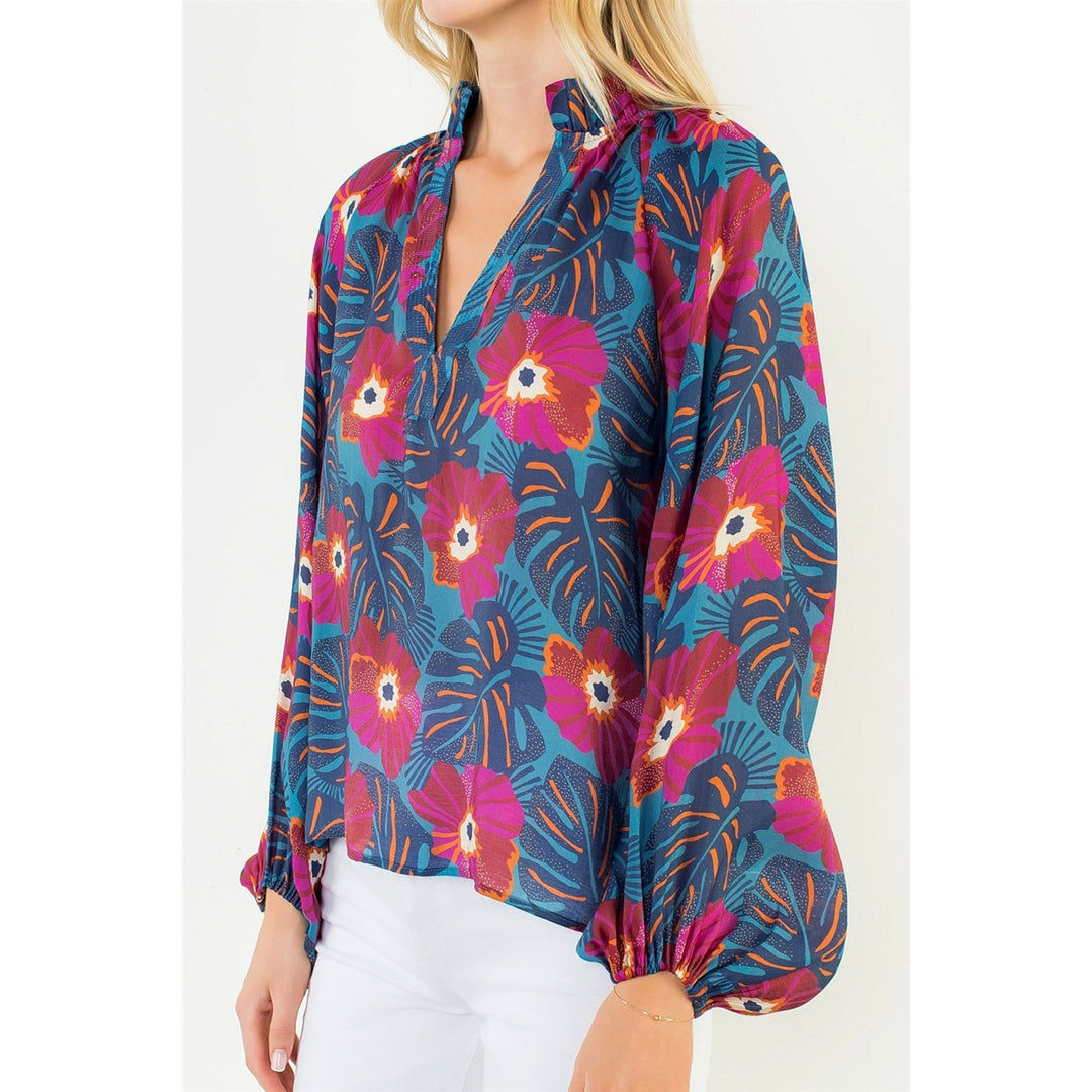 Long Sleeve Blue Flowy Flower Top