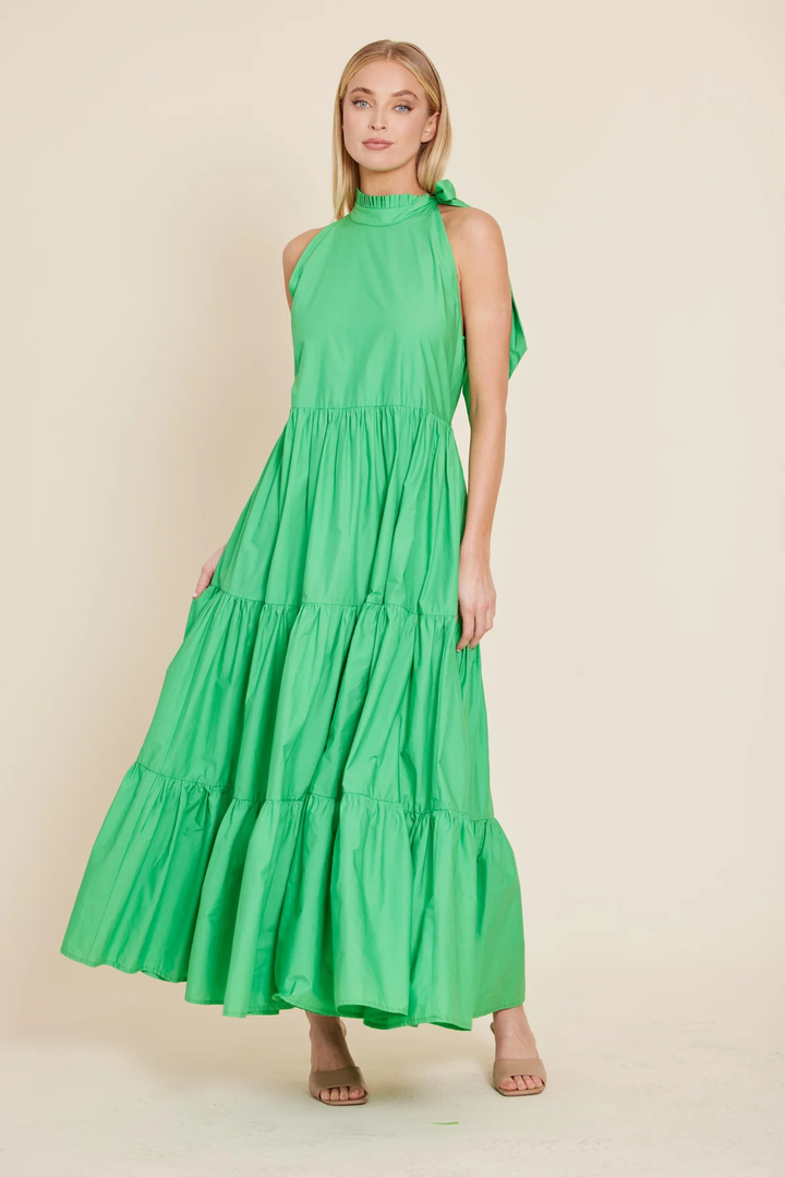 Poplin Tie Neck Tiered Maxi Dress Green