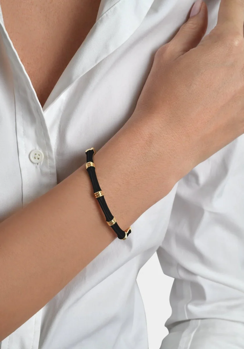 Anabel Aram Bamboo Enameled Hingled Bangle Black