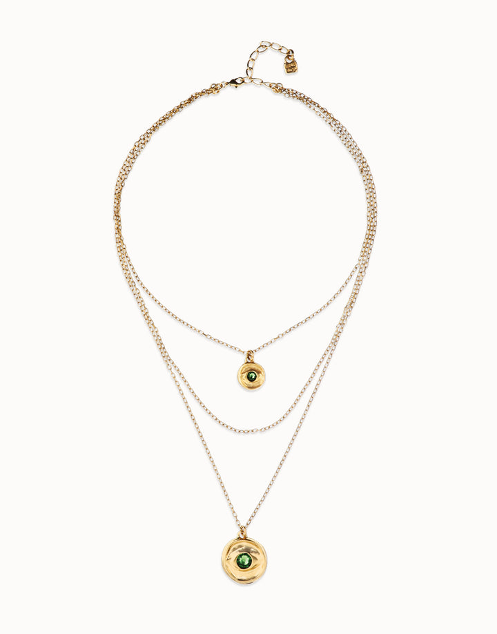 Ser Imparable Gold Tri Chain Layer Necklace w/Eye and Green Stone