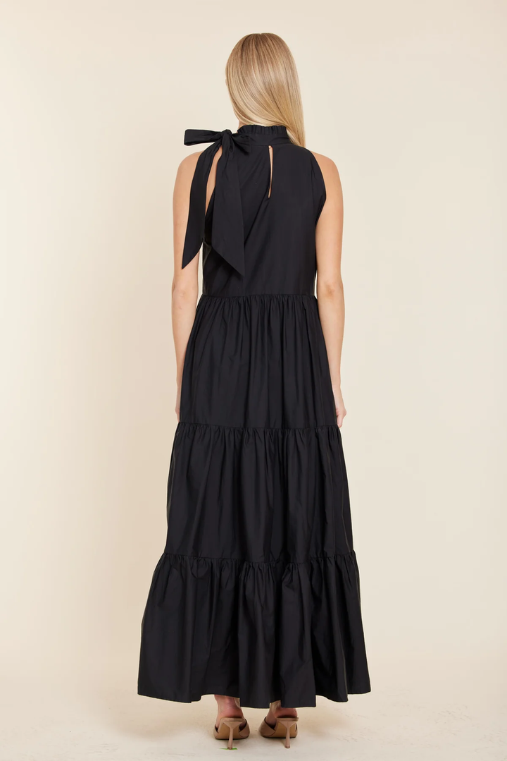 Poplin Tie Neck Tiered Long Dress