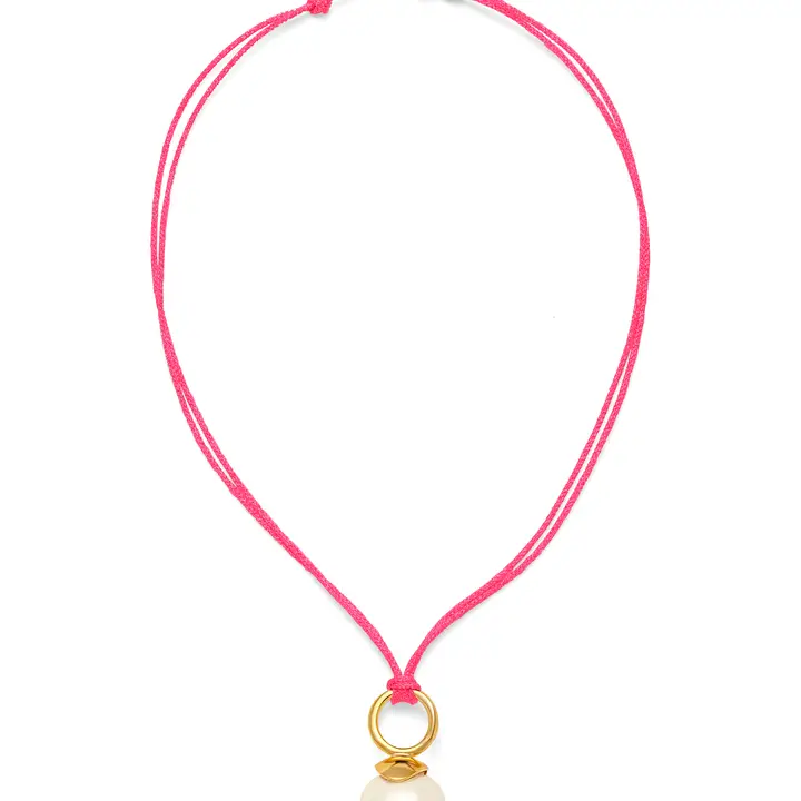 White Pebble Pearl Cord Pendant Hot Pink