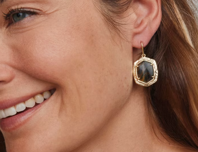 Daphne Tiger Stripe Drop Earrings Gold Dark Brown Hawks Eye