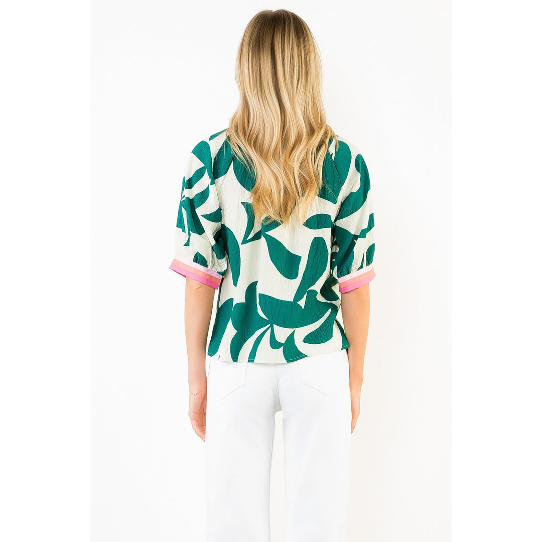 Short Sleeve Green Silky Geometric Top