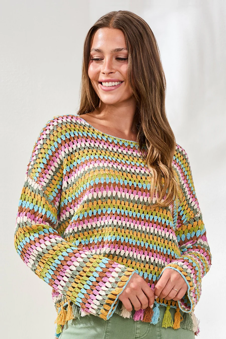 Multicolor Crochet Bell  Sleeve Sweater Aqua Sky